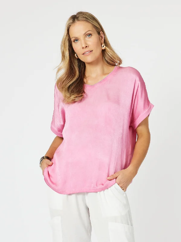 Champagne V-neck T-shirt - Paradise-- Polka Dot Checkered Tartan
