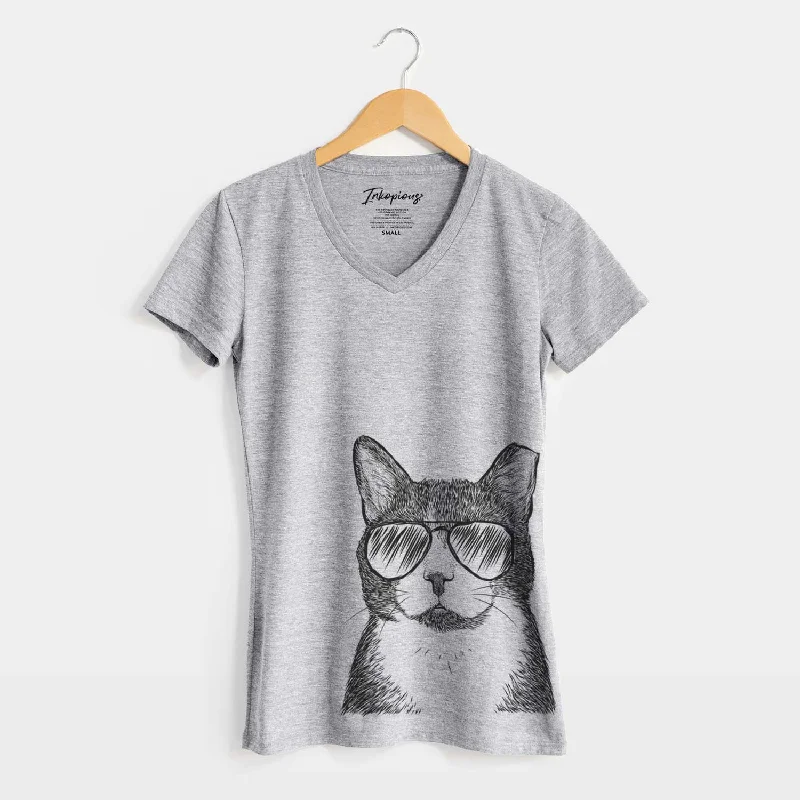 Aviator Pinky the Tuxedo Cat - Women's V-neck Shirt-- Fleece Fabric Down Fabric Feather Fabric Aviator Pinky the Tuxedo Cat - Women's V-neck Shirt-- Fleece Fabric Down Fabric Feather Fabric