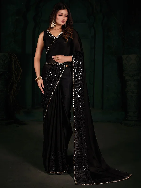 Women's Chiffon Black Embellished Designer Saree With Blouse Piece Flowy Bohemian Blouse Women's Chiffon Black Embellished Designer Saree With Blouse Piece Flowy Bohemian Blouse