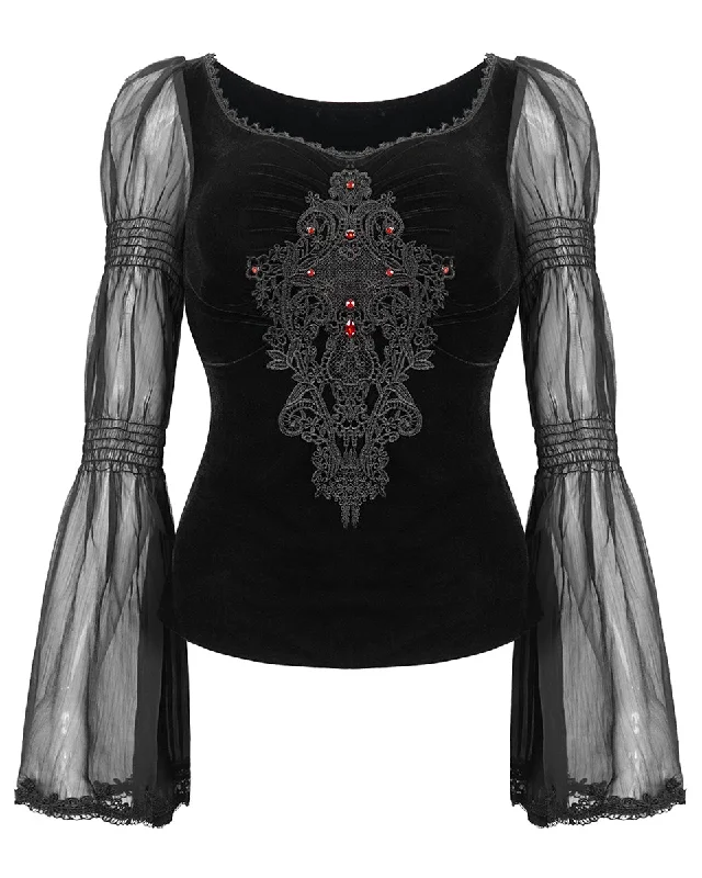 Devil Fashion Womens Dark Gothic Courtesan Lace Applique Velvet Blouse Top Embroidered Cotton Blouse Devil Fashion Womens Dark Gothic Courtesan Lace Applique Velvet Blouse Top Embroidered Cotton Blouse