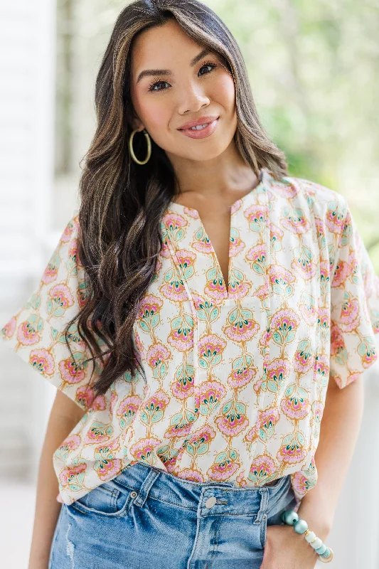 Dreaming In Detail Cream White Printed Blouse Polished Work Blouse