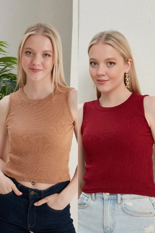 Women's Claret Red Biscuit Halter Neck 2 Piece Crop Blouse Feminine Puff Blouse