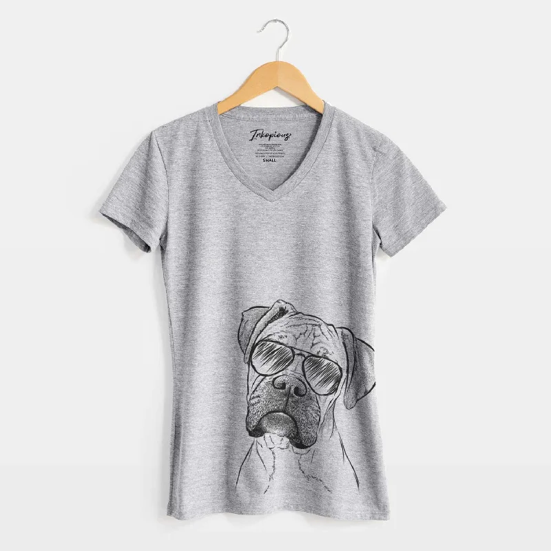Aviator Reuby the Boxer - Women's V-neck Shirt-- Denim Fabric Leather Fabric Suede Fabric Aviator Reuby the Boxer - Women's V-neck Shirt-- Denim Fabric Leather Fabric Suede Fabric