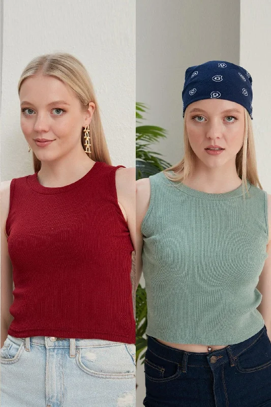 Women's Claret Red Mint Halter Neck 2 Piece Crop Blouse Embellished Collar Blouse