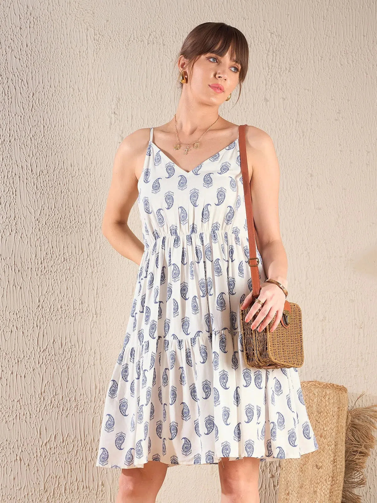 Women White Paisley Smocking Tiered Mini Dress Fashionable Polka Dot Mini Dress