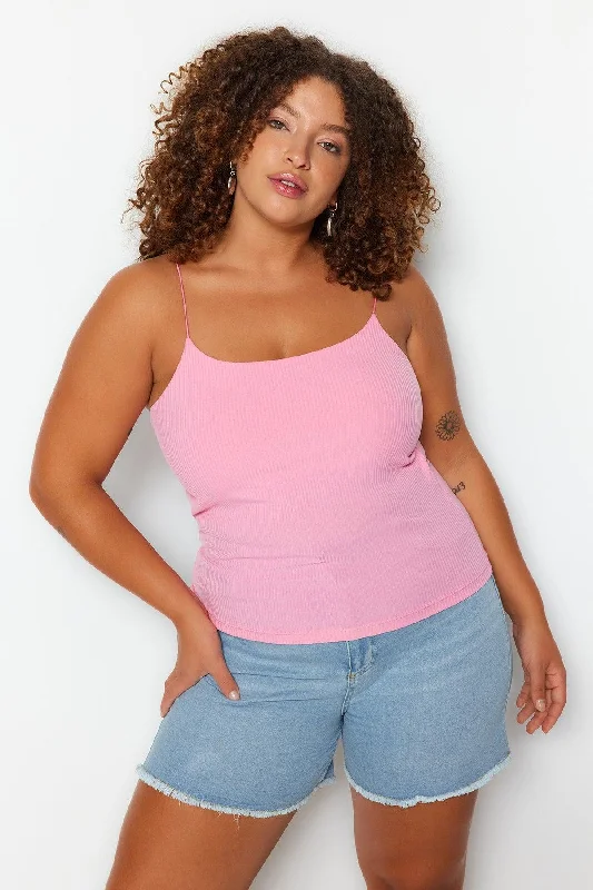 Pink Crop Knitted Strap Blouse TBBSS23AF00013 Lightweight Floral Blouse