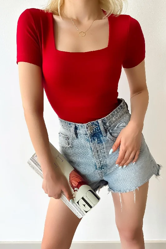 Women's Short Sleeve Square Collar Claret Red Solid Color Viscose Blouse Backless Summer Blouse Women's Short Sleeve Square Collar Claret Red Solid Color Viscose Blouse Backless Summer Blouse