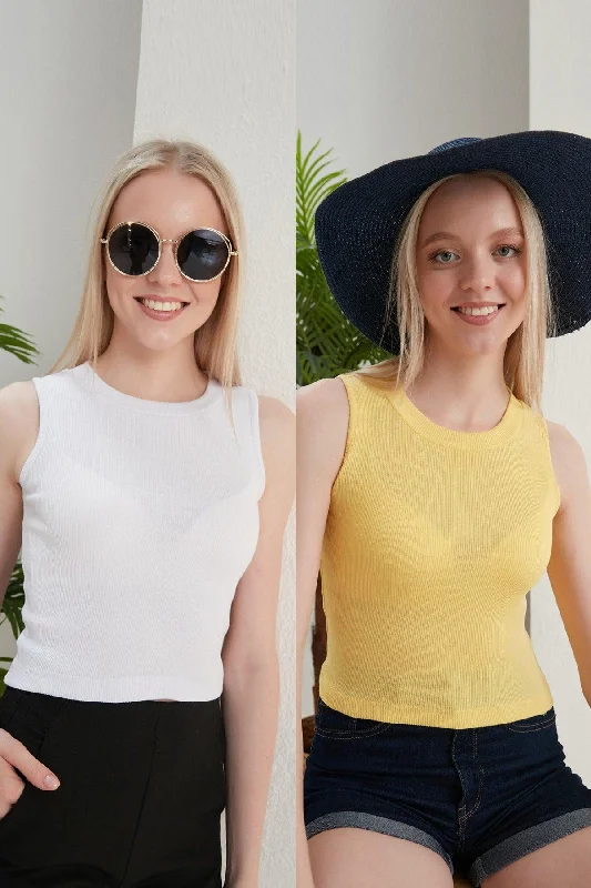 Women's Yellow White Halter Neck 2 Piece Crop Blouse Polished Work Blouse