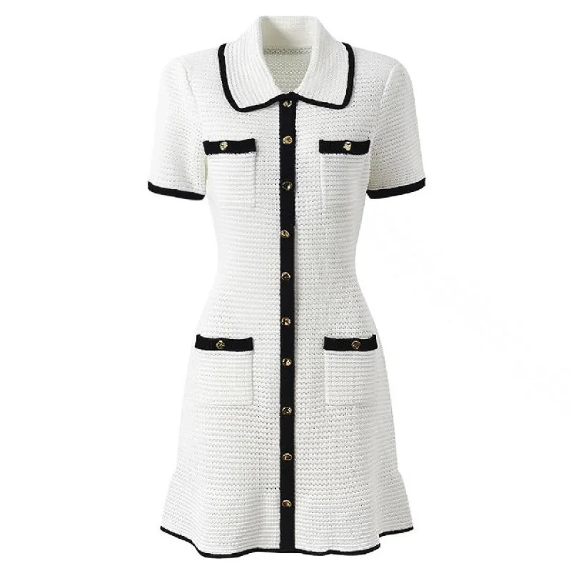 Collared Short Sleeve Button Down Knit Mini Dress Comfortable Polka Dot Mini Dress