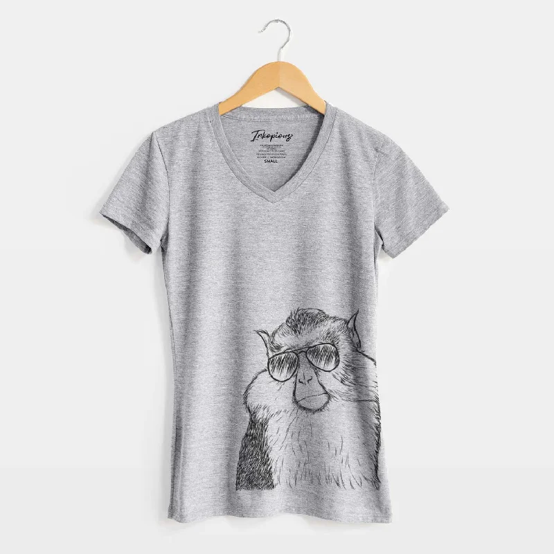 Aviator Matata the Mona Monkey - Women's V-neck Shirt-- Spandex Blend Rayon Blend Denim Blend Aviator Matata the Mona Monkey - Women's V-neck Shirt-- Spandex Blend Rayon Blend Denim Blend