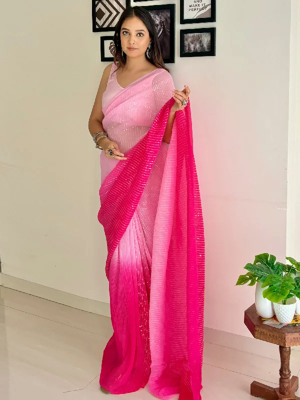 Women's Georgette Pink Embellished Designer Saree With Blouse Piece Chic Ruffle Blouse Women's Georgette Pink Embellished Designer Saree With Blouse Piece Chic Ruffle Blouse