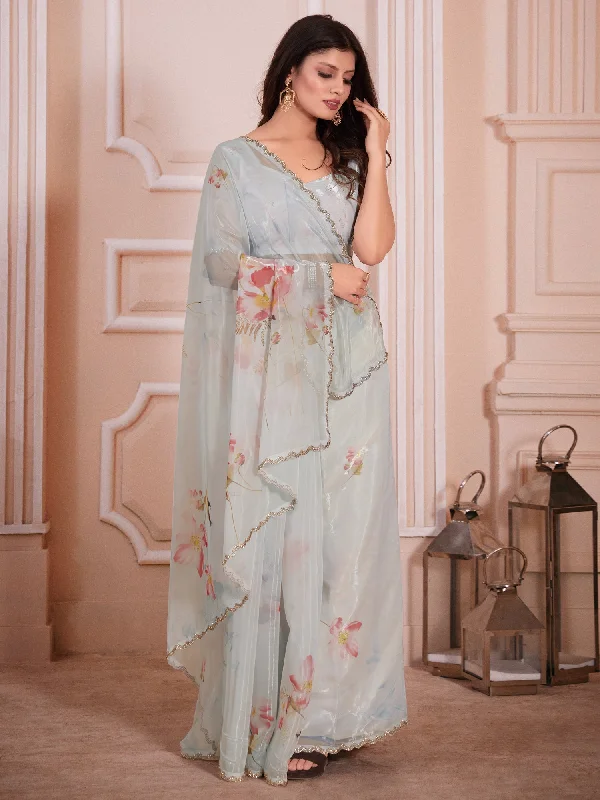 Women's Organza Light Blue Digital Print Designer Saree With Blouse Piece Balloon Sleeve Blouse Women's Organza Light Blue Digital Print Designer Saree With Blouse Piece Balloon Sleeve Blouse