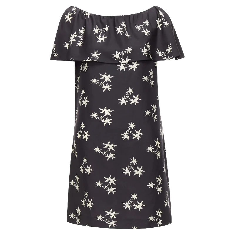 Miu Miu Silk Star Print Cape Sleeves Bateau Mini Dress Classic Black Mini Dress