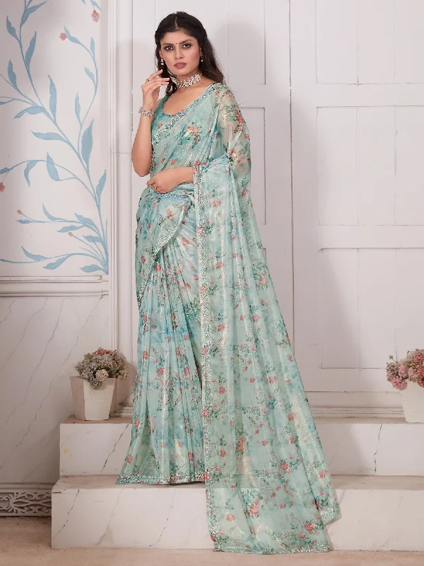 Women's Organza Light Blue Embellished Designer Saree With Blouse Piece Short Sleeve Blouse Women's Organza Light Blue Embellished Designer Saree With Blouse Piece Short Sleeve Blouse