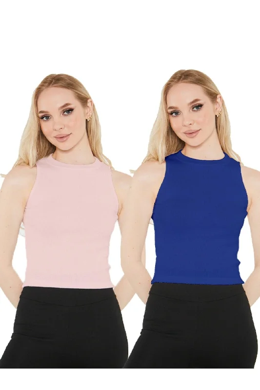 Women's Saxe Blue Powder Halter Neck 2 Piece Crop Blouse Soft Satin Blouse