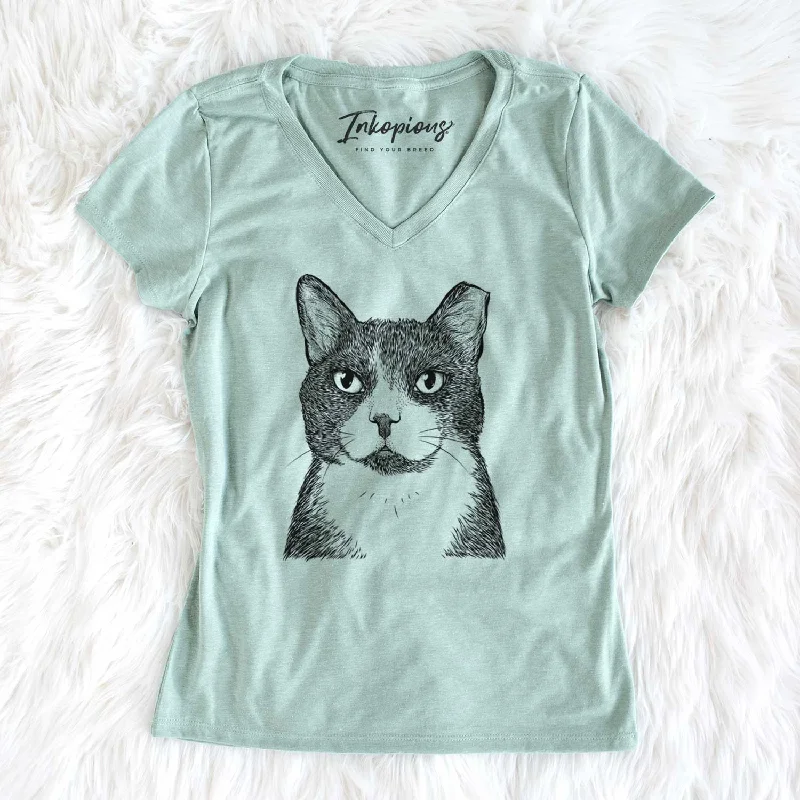 Bare Pinky the Tuxedo Cat - Women's V-neck Shirt-- Nylon Fabric Polyester Fabric Spandex Fabric Bare Pinky the Tuxedo Cat - Women's V-neck Shirt-- Nylon Fabric Polyester Fabric Spandex Fabric
