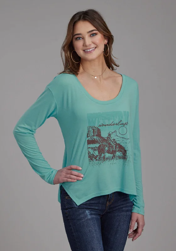 Roper Womens Wanderlust Turquoise Poly/Rayon L/S T-Shirt-- Terry Blend Velvet Blend Canvas Blend Roper Womens Wanderlust Turquoise Poly/Rayon L/S T-Shirt-- Terry Blend Velvet Blend Canvas Blend