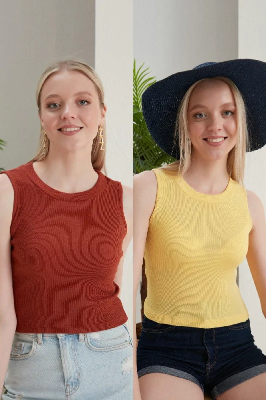 Women's Tile Yellow Halter Neck 2 Piece Crop Blouse Business Casual Blouse
