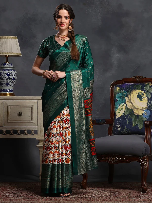 Women's Dola Silk Green Printed Designer Saree With Blouse Piece Casual Relaxed Fit Blouse Women's Dola Silk Green Printed Designer Saree With Blouse Piece Casual Relaxed Fit Blouse