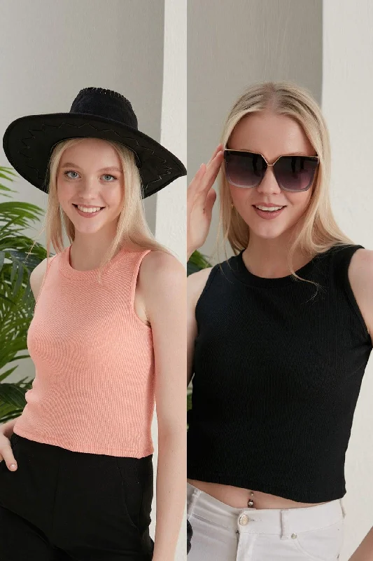 Women's Black Salmon Halter Neck 2 Piece Crop Blouse Pastel Color Blouse