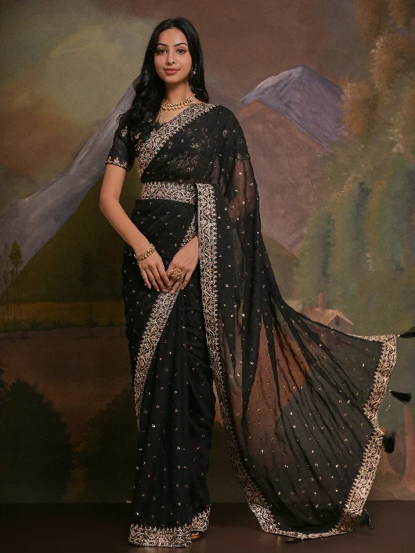 Women's Georgette Black Embellished Designer Saree With Blouse Piece Chic Sleeveless Blouse Women's Georgette Black Embellished Designer Saree With Blouse Piece Chic Sleeveless Blouse