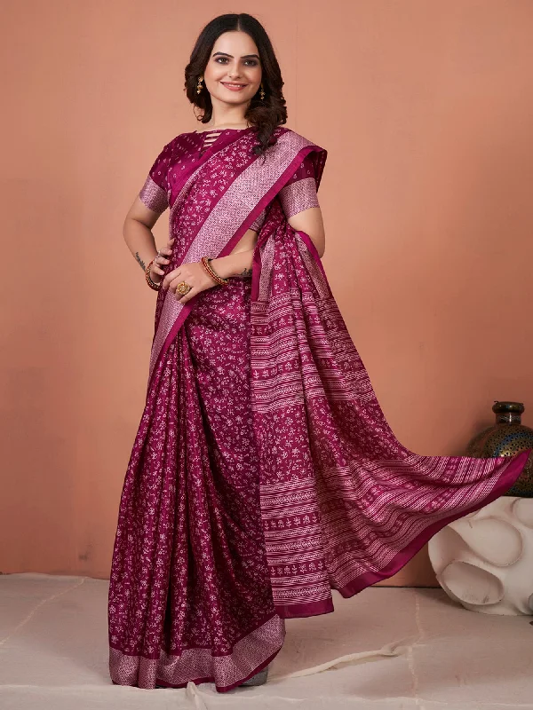 Women's Dola Silk Magenta Printed Designer Saree With Blouse Piece Polished Work Blouse Women's Dola Silk Magenta Printed Designer Saree With Blouse Piece Polished Work Blouse