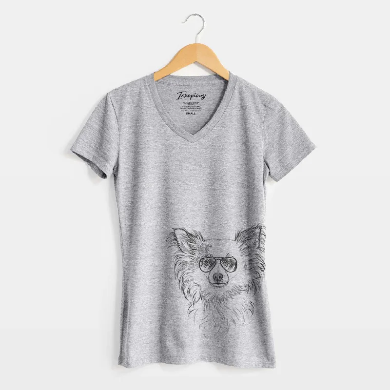 Aviator Princess Ava the Long Haired Chihuahua - Women's V-neck Shirt-- Terry Blend Velvet Blend Canvas Blend Aviator Princess Ava the Long Haired Chihuahua - Women's V-neck Shirt-- Terry Blend Velvet Blend Canvas Blend