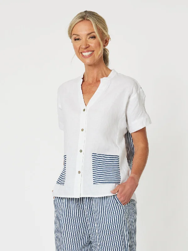 Stripe Beach Shirt - White/Navy-- Mesh Blend Leather Blend Suede Blend