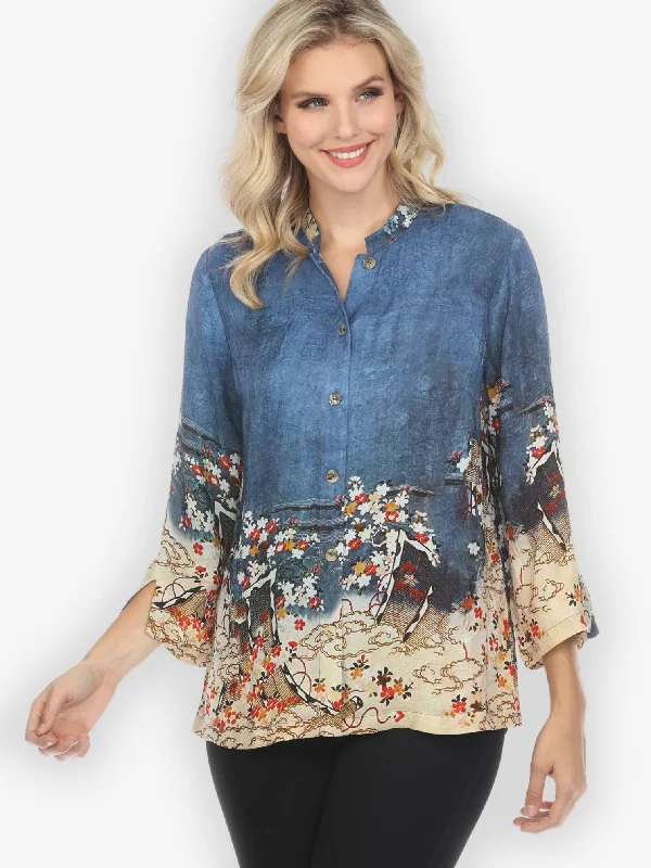 Edo Art Indigo Silk Blend Blouse Puff Sleeve Blouse