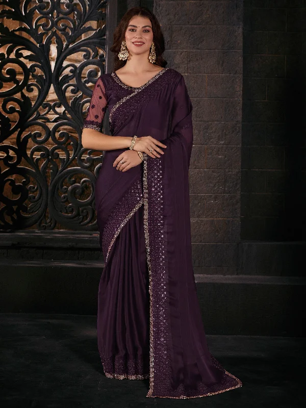 Women's Pure Chiffon Purple Embellished Designer Saree With Blouse Piece Delicate Pleat Blouse Women's Pure Chiffon Purple Embellished Designer Saree With Blouse Piece Delicate Pleat Blouse