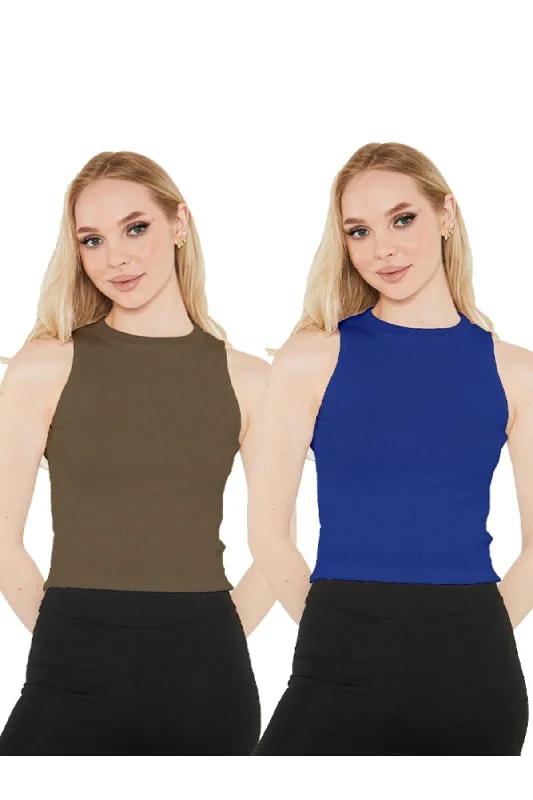 Women's Sax Khaki Halter Collar 2 Piece Crop Blouse Sleeveless Summer Blouse