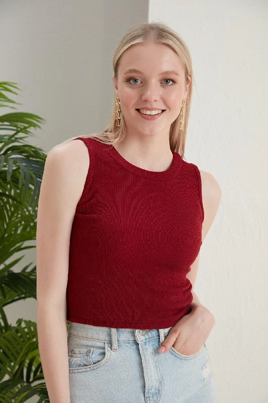 Women's Claret Red Salmon Halter Neck 2 Piece Crop Blouse Stretchy Fitted Blouse