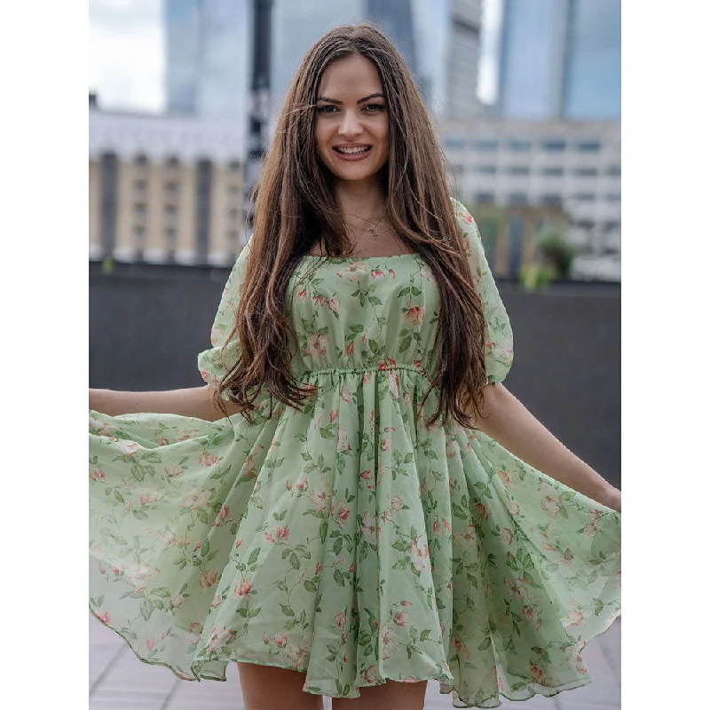 HOUSE OF JAMOTI Pastel Green Floral Mini Dress Stylish Plaid Mini Dress