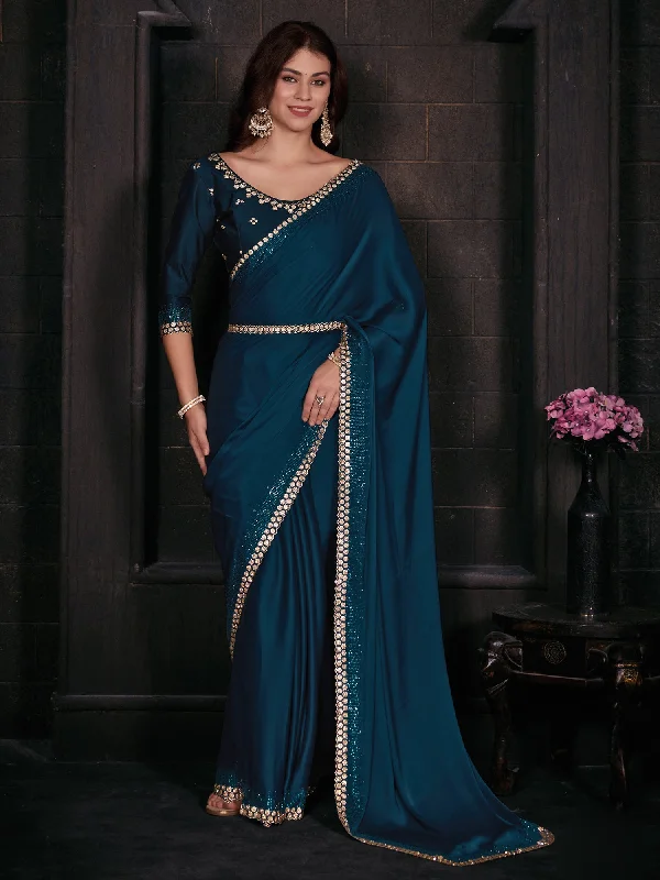 Women's Satin Silk Teal blue Embellished Designer Saree With Blouse Piece Bell Sleeve Blouse Women's Satin Silk Teal blue Embellished Designer Saree With Blouse Piece Bell Sleeve Blouse