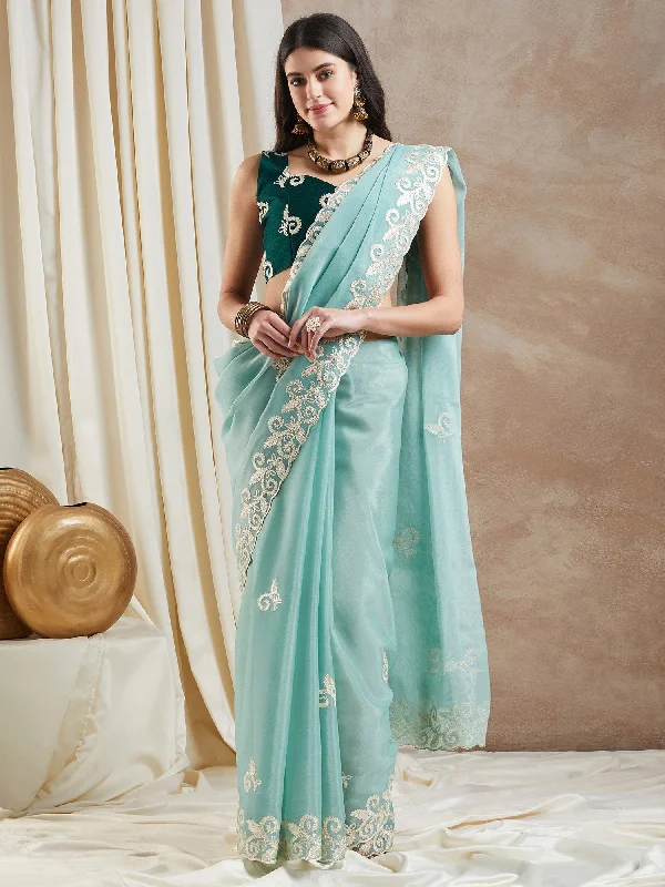 Women's Organza Turquoise Embroidered Designer Saree With Blouse Piece High Neck Blouse