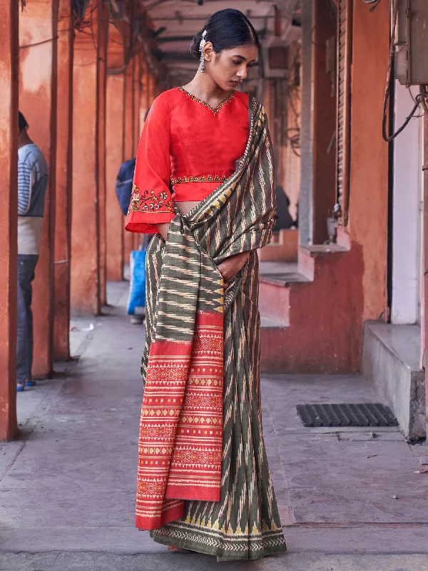 Women's Silk Blend Olive Printed Designer Saree With Blouse Piece Soft Satin Blouse