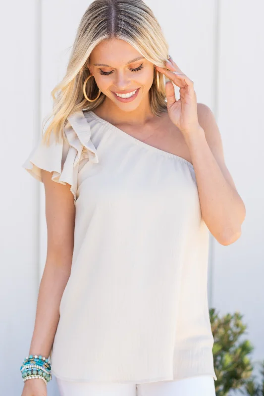 Feeling Poetic Natural White One Shoulder Blouse Modern Work Blouse