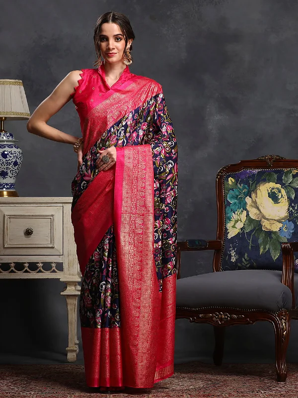 Women's Dola Silk Navy Blue Printed Designer Saree With Blouse Piece Floral Print Blouse Women's Dola Silk Navy Blue Printed Designer Saree With Blouse Piece Floral Print Blouse