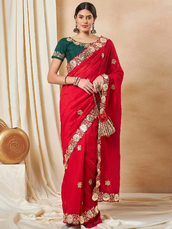 Women's Vichitra Silk Red Embellished Designer Saree With Blouse Piece Playful Puff Blouse Women's Vichitra Silk Red Embellished Designer Saree With Blouse Piece Playful Puff Blouse