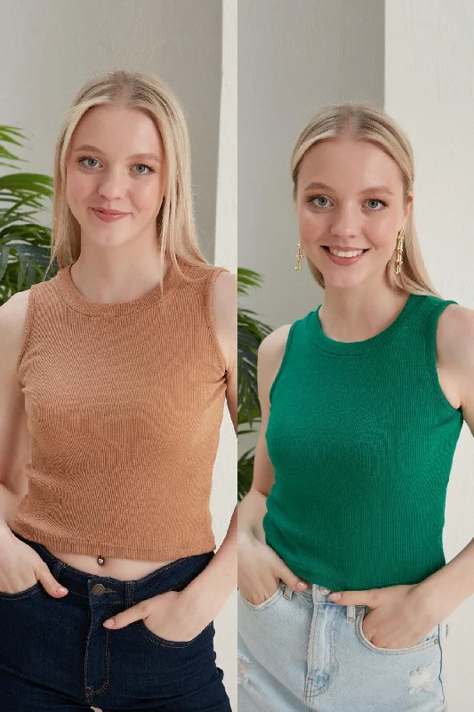 Women's Biscuit Green Halter Neck 2 Piece Crop Blouse Flowy Bohemian Blouse