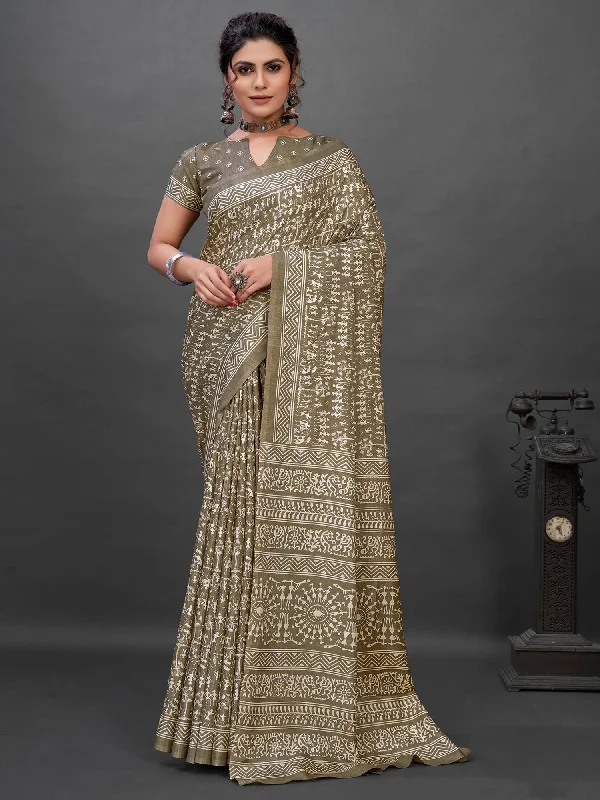 Women's Dola Silk Olive Printed Designer Saree With Blouse Piece Soft Knit Blouse