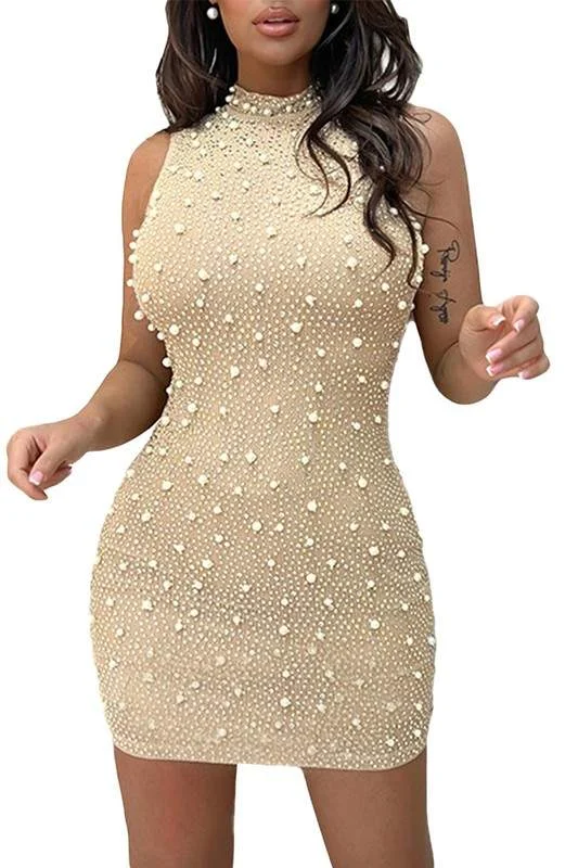 PEARL EMBELLISHED BODYCON MINI DRESS Elegant Sequin Mini Dress