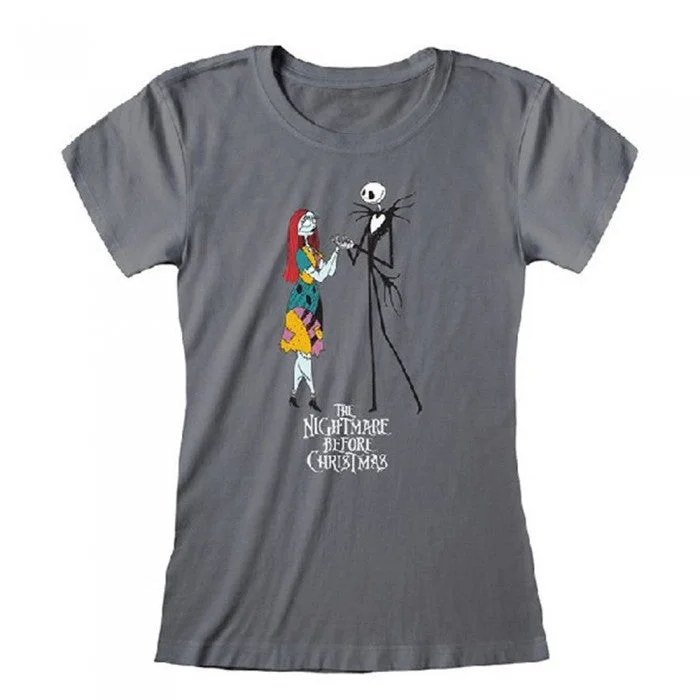 The Nightmare Before Christmas Womens/Ladies Jack and Sally Fitted T-Shirt-- Zippered Buttoned Snapped
