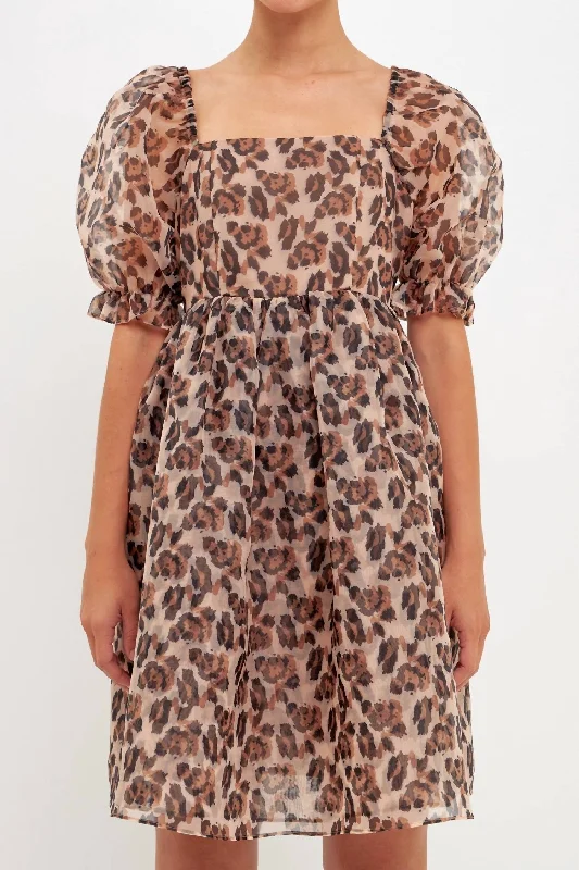 Organza Mini Dress In Leopard Fashionable Lace-Trim Mini Dress