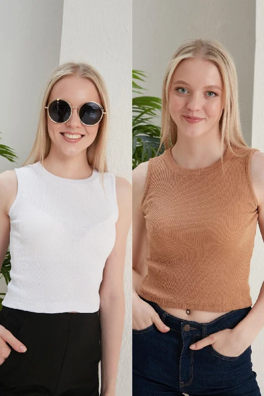 Women's White Sand Halter Neck 2 Piece Crop Blouse Business Casual Blouse