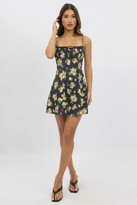 Black Floral Mini Dress Strappy Classic Floral Mini Dress