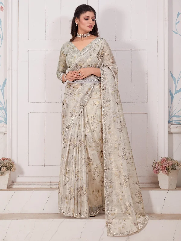 Women's Organza Cream Embellished Designer Saree With Blouse Piece Satin Drape Blouse Women's Organza Cream Embellished Designer Saree With Blouse Piece Satin Drape Blouse