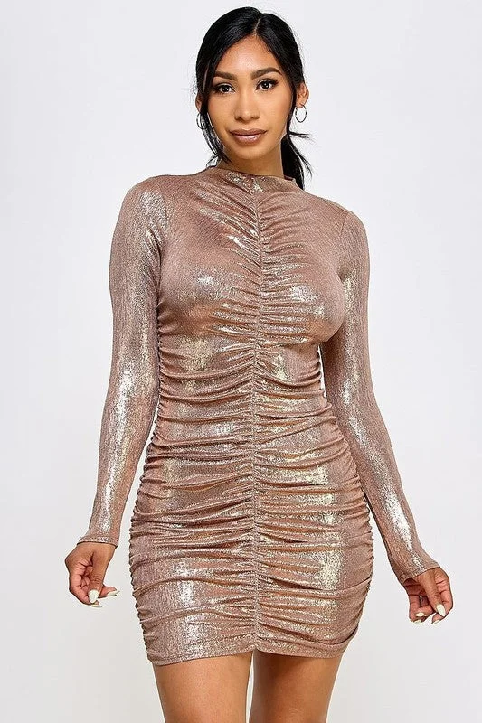 Metallic Foil Long Sleeve Ruched Mini Dress Elegant Sequin Mini Dress