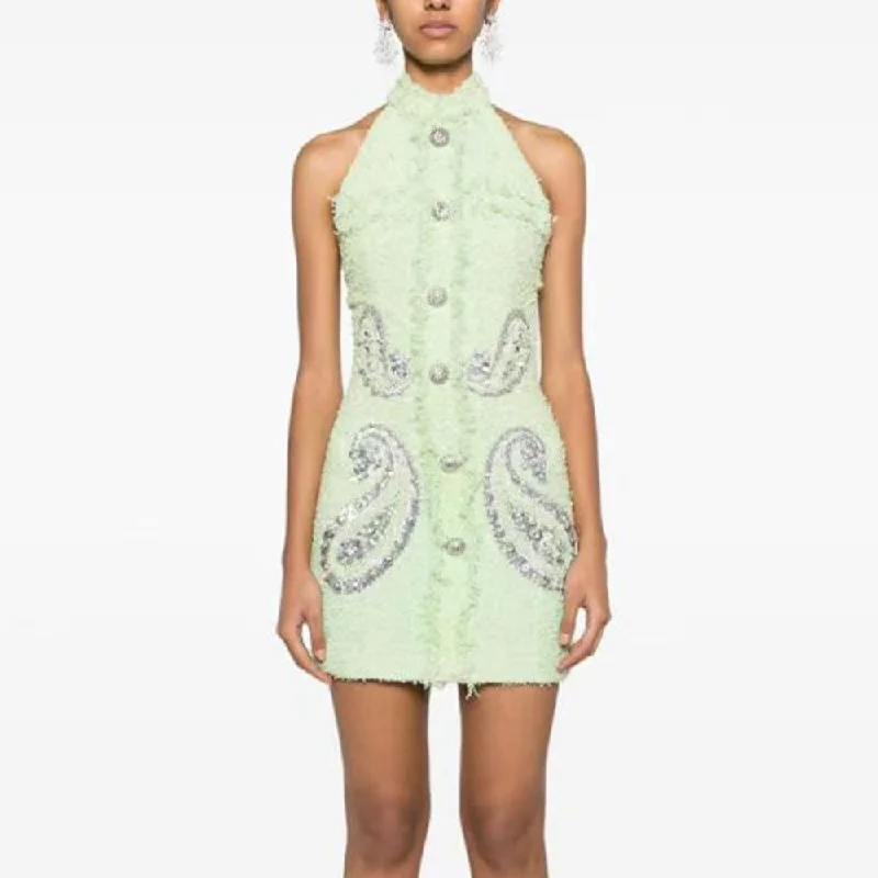 Nadia Mint Halter Tweed Mini Dress Classic Floral Print Mini Dress