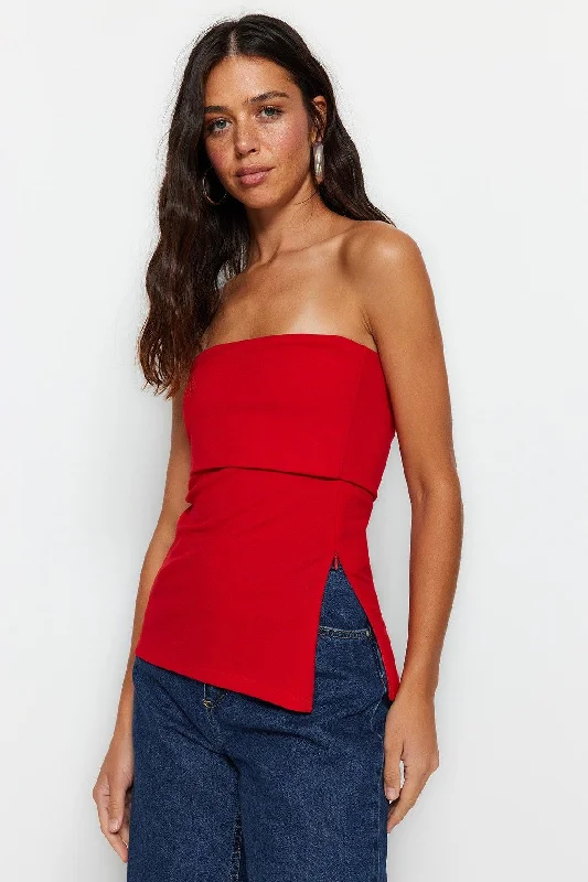 Red Strapless Collar Zippered Crepe Knitted Blouse TWOSS23BZ00928 Off-Shoulder Wrap Blouse